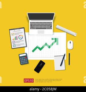 Financial Analysis business, financial statistic and management concept. Workplace desk top view with grow up chart bar document, laptop and report. Stock Vector