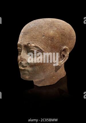 Ancient Egyptian statue shaved head of a priest, New Kingdom, 18th Dynasty, (1390-1353 BC). Egyptian Museum, Turin. Drovetti collection. Cat 3141. bla Stock Photo