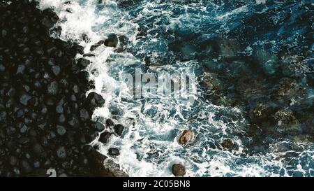 Waves in ocean Splashing Waves, Madeira. Aerial view to ocean waves. Blue water background Stock Photo