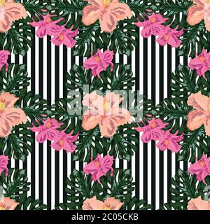 Exotic seamless pattern with tropical leaves and flowers on a black background. Striped background. Stock Vector