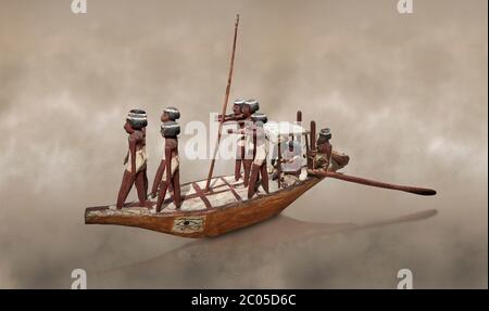 Ancient Egyptian wooden model boat from tomb of Shemes,  Middle Kingdom (1980-1700 BC), Asyut. Egyptian Museum, Turin.    In 1908 in Asyut, Egypt an i Stock Photo