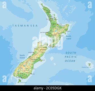 High detailed New Zealand physical map with labeling. Stock Vector