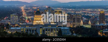 Nighttime panoramic overlooking the capitol building and Salt Lake City skyline Stock Photo