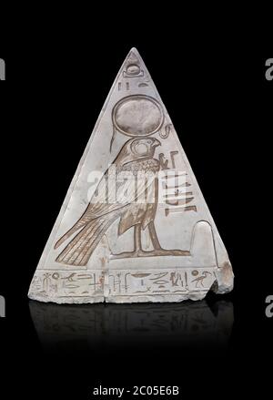South face of Ancient Egyptian Pyramidion of Ramose with depictionof Horus, Limestone, New Kingdom, 19th Dtnasty (1292-1190 BC), Dier el-Medina. Egypt Stock Photo