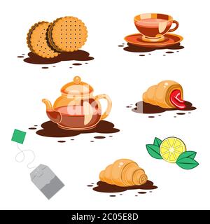 Set of icons tea bag Cup croissants cookies teapot lemon on a white isolated background. Vector image Stock Vector
