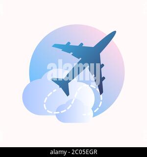 Flat vector art of a plane silhouette in the sky over a sun and clouds in cold blue colors. Great for travel, vacations and holiday advertisements. Stock Vector
