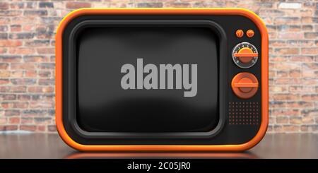 TV old fashioned. Retro old television, blank black screen template, vintage brick wall background. 3d illustration Stock Photo