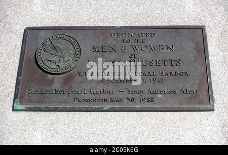 Memorial plaque Dedicated to The Men & Women of Massachusetts Who Served at Pearl Harbor December 7, 1941. Remember Pearl Harbor Keep America Alert Stock Photo
