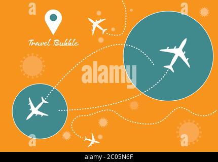 Bubble travel in bubble circle and airplane icon yellow background graphic vector art Stock Vector