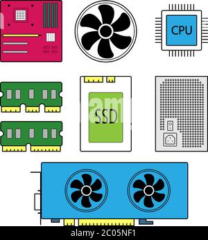 Component parts for a personal computer, main parts for a computer, vector Stock Vector