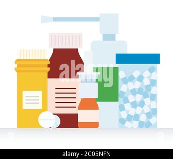 Medicinal kit for the treatment of throat, nose and cold. Plastic jars with pills, nasal spray and inhalation spray. Stock Vector