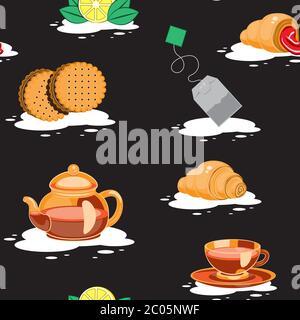 seamless pattern tea bag Cup croissants cookies teapot lemon on black background. Vector image Stock Vector