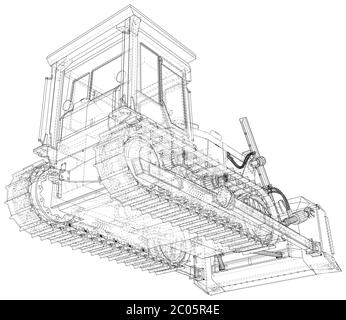 Powerful hydraulic bulldozer. Wire-frame. Vehicle Vector Illustration transport. The layers of visible and invisible lines are separated. EPS10 format Stock Vector