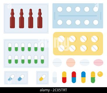 Tablets set of different shapes in blister pack Stock Vector