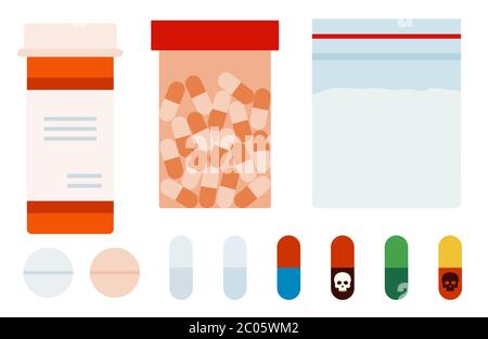 Medicament poison different shapes set vector icons in flat design. Stock Vector
