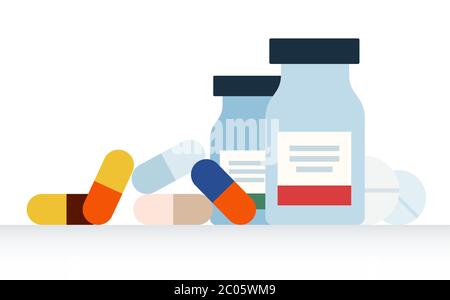 Medicine bottles, tablets, pills in glass jars flat design vector illustration. Stock Vector