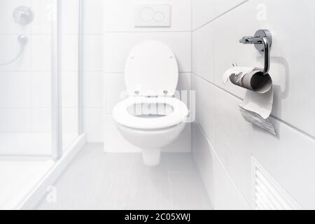 Out of stock, no more toilet paper. Last piece of paper on a roll in a clean and empty white bathroom. Panic, fear and world wide shopping crisis. Stock Photo