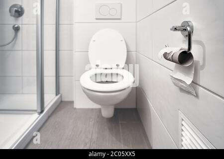 Out of stock, no more toilet paper. Last piece of paper on a roll in a clean and empty white bathroom. Panic, fear and world wide shopping crisis. Stock Photo