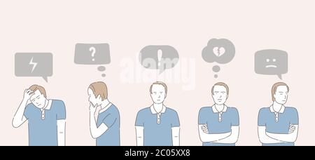 Set of different male emotions with speech bubbles. Young unhappy man feeling negative emotions. Sadness, disappointment, tired, puzzled, bored, and upset vector cartoon outline illustration. Stock Vector