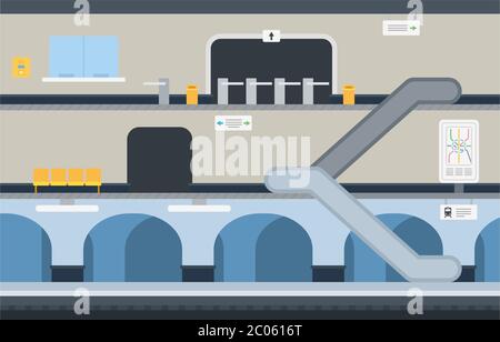 Metro station with a transition, escalator between branches vector icon flat isolated illustration Stock Vector