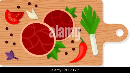 Meat and vegetables on a cutting board vector flat isolated Stock Vector