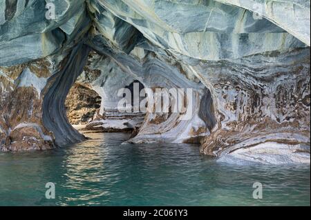Marble Caves Sanctuary, Strange rock formations caused by water erosion, General Carrera Lake, Puerto Rio Tranquilo, Aysen Region, Patagonia, Chile Stock Photo