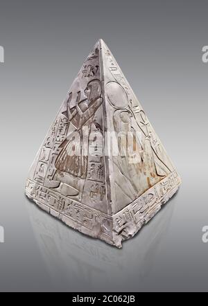 Ancient Egyptian Pyramidion of Ramose North & East sides, Limestone, New Kingdom, 19th Dtnasty (1292-1190 BC), Dier el-Medina. Egyptian Museum, Turin. Stock Photo