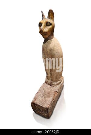 Ancient Egyptian Cat Sarcophagus conating cat mummy, Late to Plolomaic Period, (722-30 BC), Egyptian Museum, Turin.Old Fund Cat 2361. white background Stock Photo