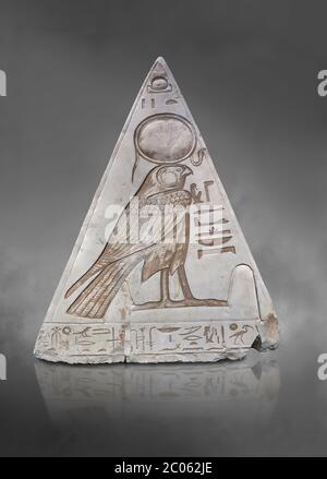 South face of Ancient Egyptian Pyramidion of Ramose with depictionof Horus, Limestone, New Kingdom, 19th Dtnasty (1292-1190 BC), Dier el-Medina. Egypt Stock Photo