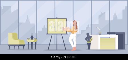 Young artist woman in casual clothes drawing skyline of the town vector flat cartoon illustration. Girl stays at home or workshop studio room and paint panorama of the city on canvas on easel. Stock Vector