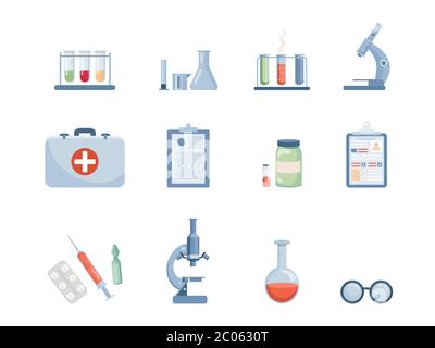 Set of medicine treatment items isolated on white background. Medical tools, pills, medical tubes, first aid kit, drugs, analysis, microscope, and patient card vector flat cartoon illustration. Stock Vector
