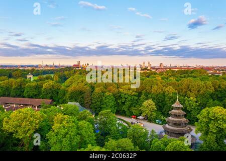 Chinese tower, English garden, view over the old town and Maxvorstadt in the morning light, Munich, aerial view, Upper Bavaria, Bavaria, Germany Stock Photo