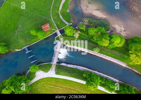 Weir system on the Loisach river near Beuerberg, near Eurasburg, Toelzer Land, drone recording, Alpine foreland, Upper Bavaria, Bavaria, Germany Stock Photo