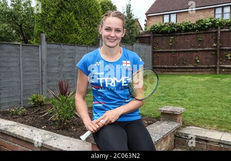 Badminton player Lauren Smith after practicing in the back garden of her house in Milton Keyne s. Stock Photo