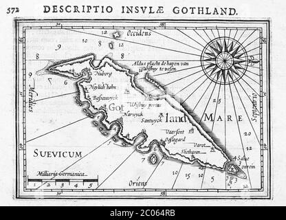 Gotland, copper engraved map by Petrus Bertius and Jodocus Hondius, 1616, Amsterdam, Netherlands Stock Photo