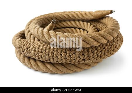 New handmade knotted rope ring with a bow pudding for a leisure boat isolated on white background Stock Photo