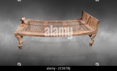 Ancient Egyptian bed delonging to Kha , tomb of Kha, Theban Tomb 8 , mid-18th dynasty (1550 to 1292 BC), Turin Egyptian Museum.   According to excavat Stock Photo