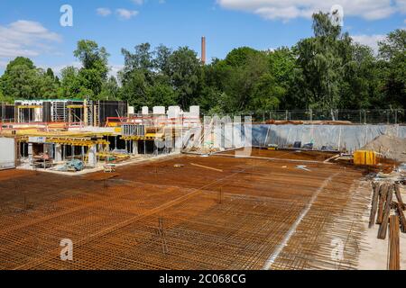 Layed out structural steel meshes for concreting, floor slab for underground car park, new construction of apartment buildings, construction site Stock Photo