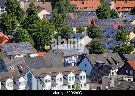 Multi-family houses with solar roofs, solar settlement, InnovationCity Ruhr, Bottrop, Ruhr Area, North Rhine-Westphalia, Germany Stock Photo
