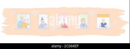 An elderly couple is looking for a home. The facade of the house with open windows. Holiday Birthday neighbor. Old man and old woman with cute dogs Stock Vector