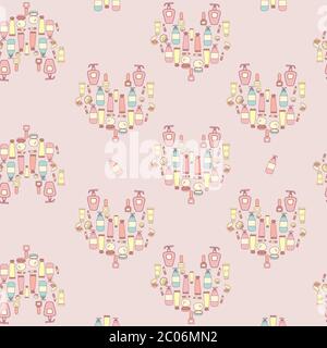 Products and creams for makeup. Cosmetics. Heart of bottles, tonic and lotion, lipstick, nail polish and a small mirror. Seamless vector pattern on a Stock Vector