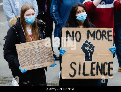 Newport, Wales, UK. 11th June, 2020. Hundreds of people joined the protest following the death of George Floyd, a 46 year old, African-American man, who died during an arrest by the Minneapolis police for allegedly using a counterfeit bill. His death has sparked huge protests across the world against racial discrimination. Credit: Tracey Paddison/Alamy Live News Stock Photo