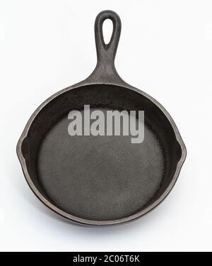 Cast Iron skillet top view with white background Stock Photo