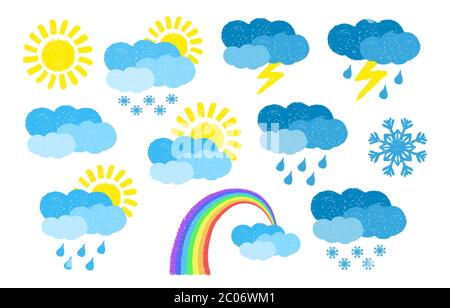 Set of hand drawn weather icons, painted with oil pastel crayons Stock Vector