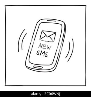 Doodle NEW SMS mobile phone icon hand drawn with thin line Stock Vector