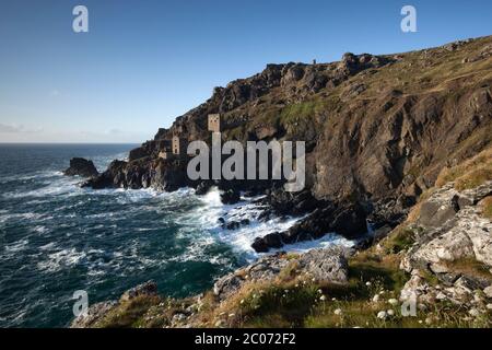 Ruins of tin mines on rugged West Cornwall  coastline, Botallack, near St Just, Cornwall, England, United Kingdom Stock Photo