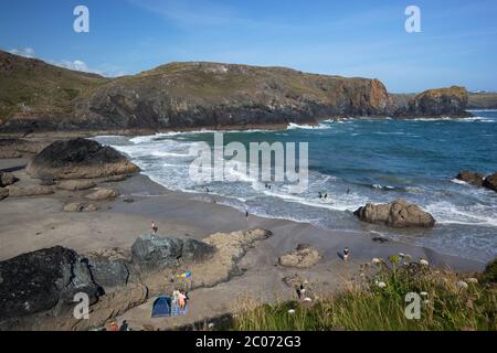 View over Kynance Cove, The Lizard Peninsula, near Penzance, Cornwall, England, United Kingdom Stock Photo