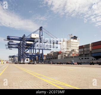 Containers loading and unloading at Felixstowe port, East Anglia, eastern England, UK Stock Photo