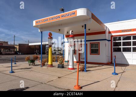 Old gas pumps in front of Pete's Gas Station Museum in Williams, Arizona Stock Photo