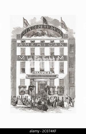 Barnum’s new American Museum on Broadway, New York, USA.  After an engraving in Frank Leslie's illustrated newspaper,  September 30, 1865.  P. T. Barnum - he of Barnum & Bailey circus fame - opened his original American Museum in 1841.  It burned down in 1865.   Later that same year he opened the new American Museum, pictured here.  In 1868 it also burned down. Stock Photo